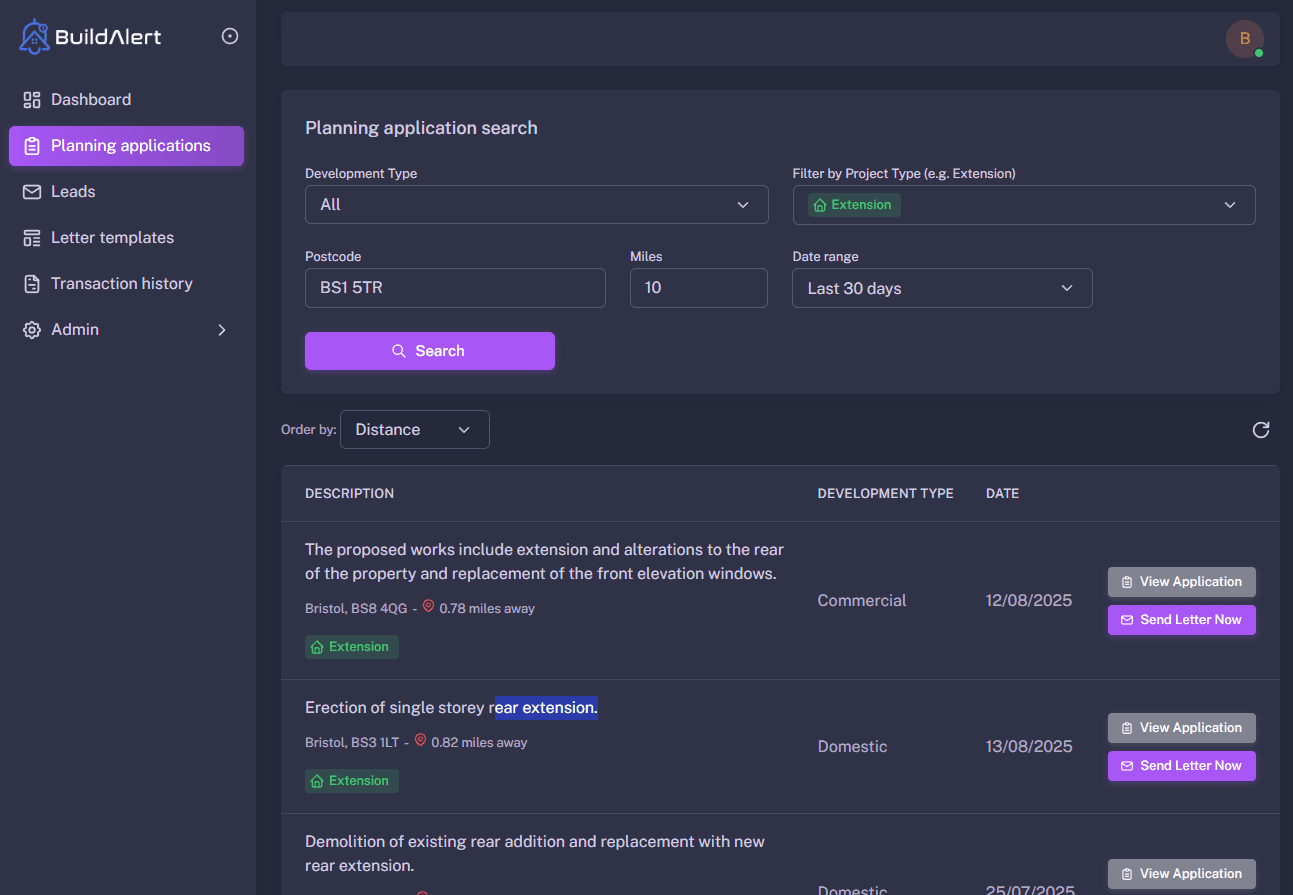Bristol extension applications with kitchen works highlighted - BuildAlert dashboard