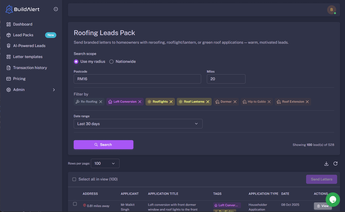 BuildAlert Roofing Lead Pack filters for loft conversion, dormer, hip to gable and rooflights