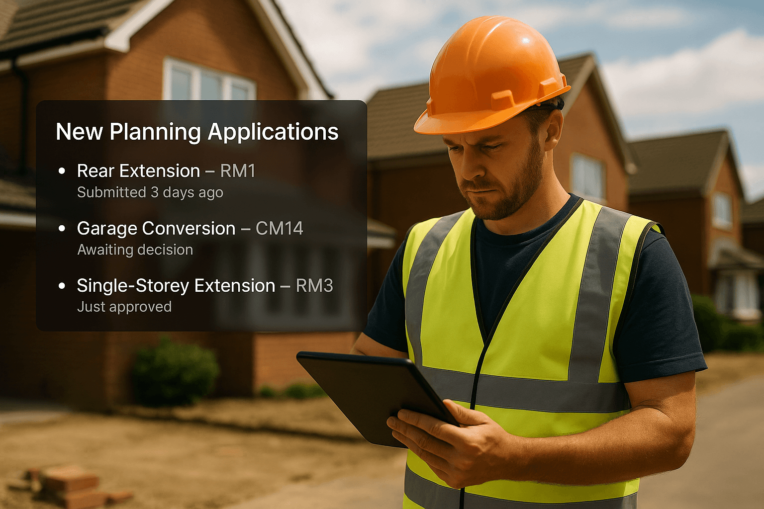 Builder reviewing planning application drawings