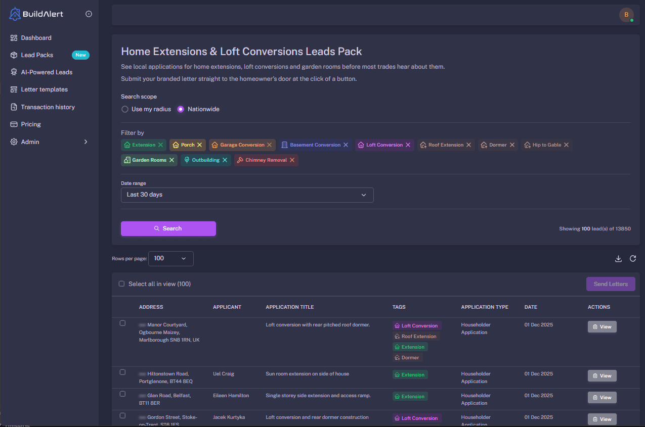 BuildAlert dashboard showing planning applications that require structural calculations and design