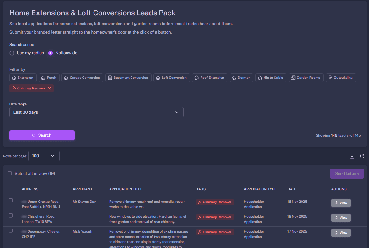 BuildAlert dashboard showing chimney removal filter