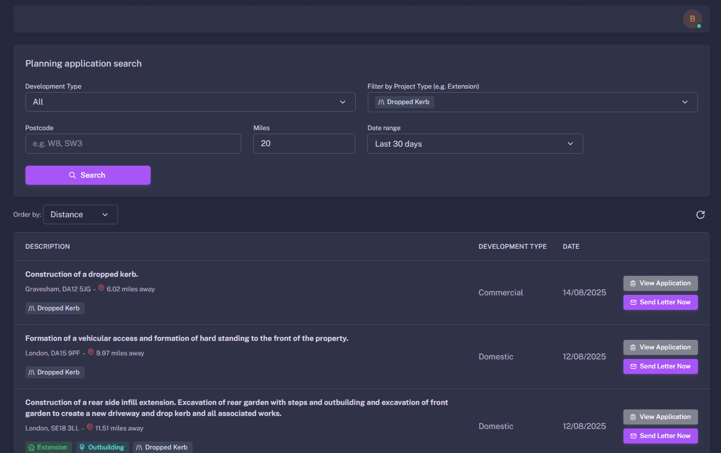BuildAlert dropped kerb and vehicle crossover dashboard