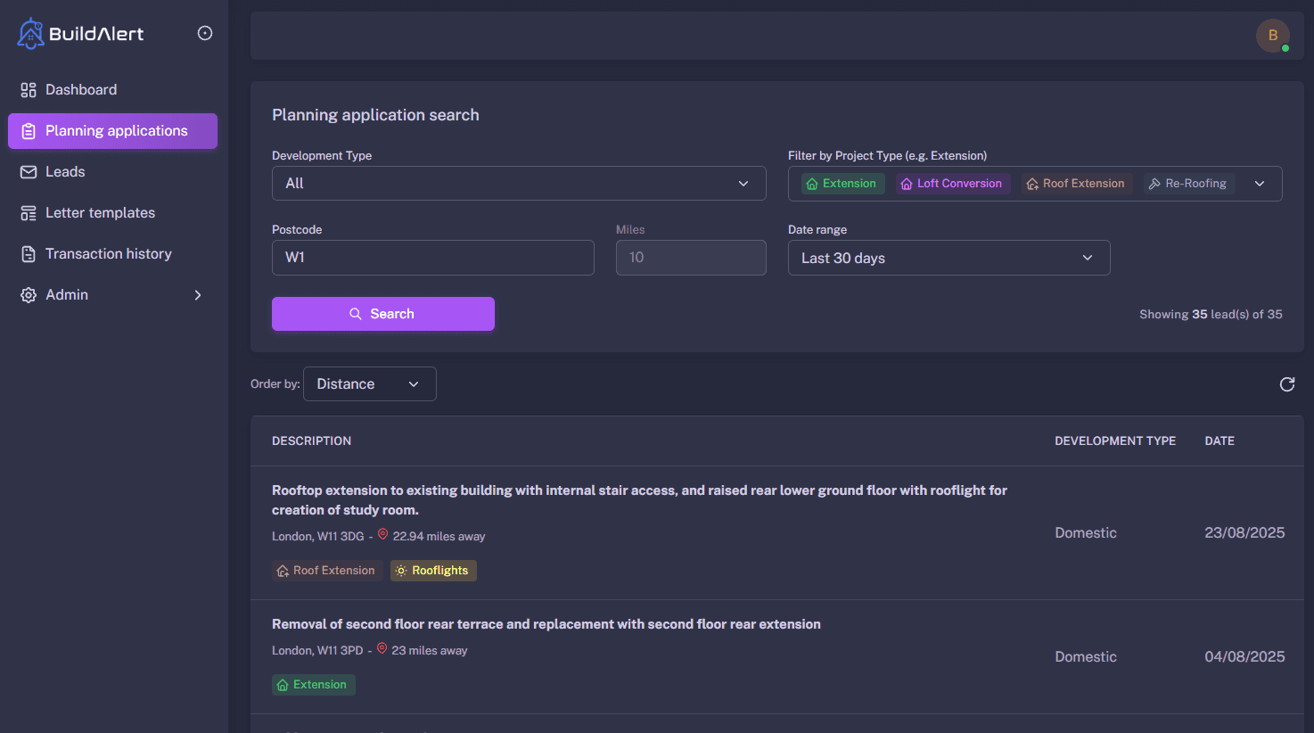 BuildAlert dashboard example