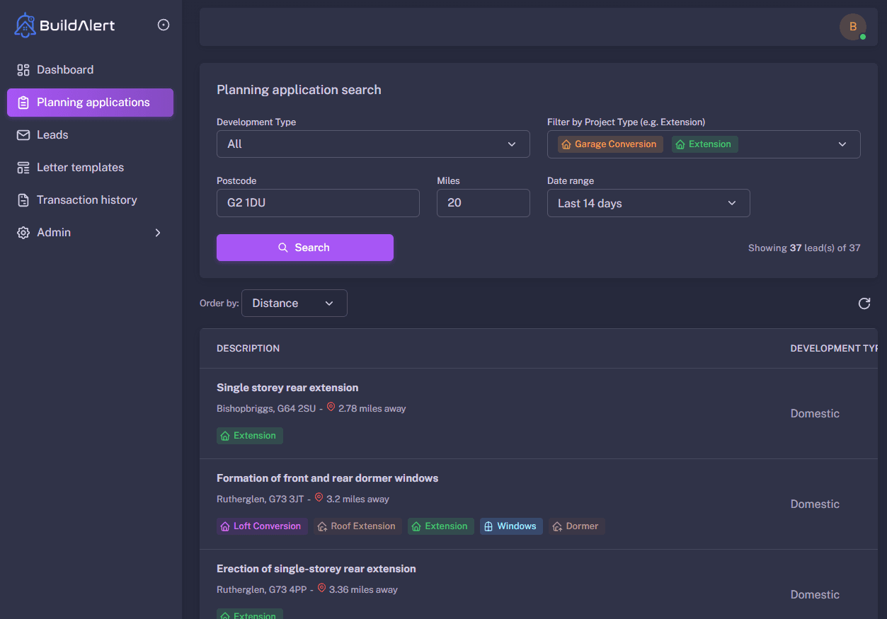 BuildAlert dashboard example