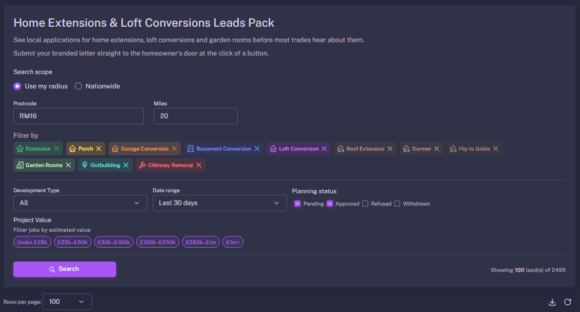 Filtering planning applications by project value