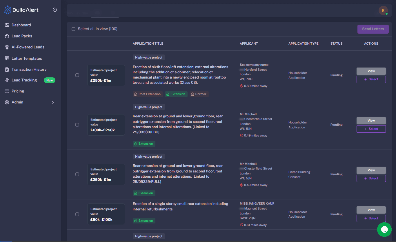 Scaffolding leads from planning applications in London