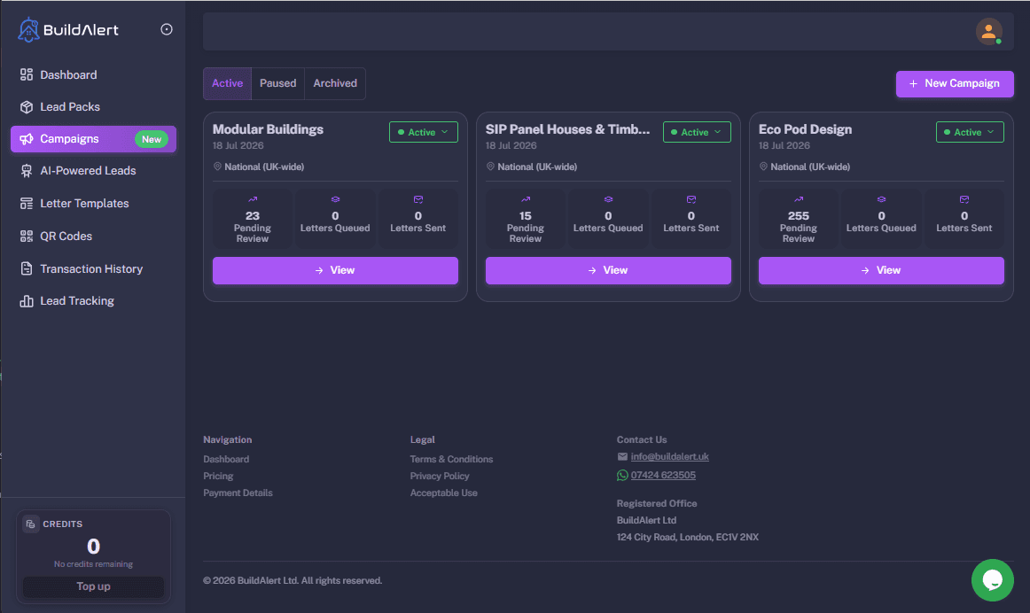 BuildAlert dashboard showing eco building, SIPs and timber frame planning applications across residential, education and leisure sectors