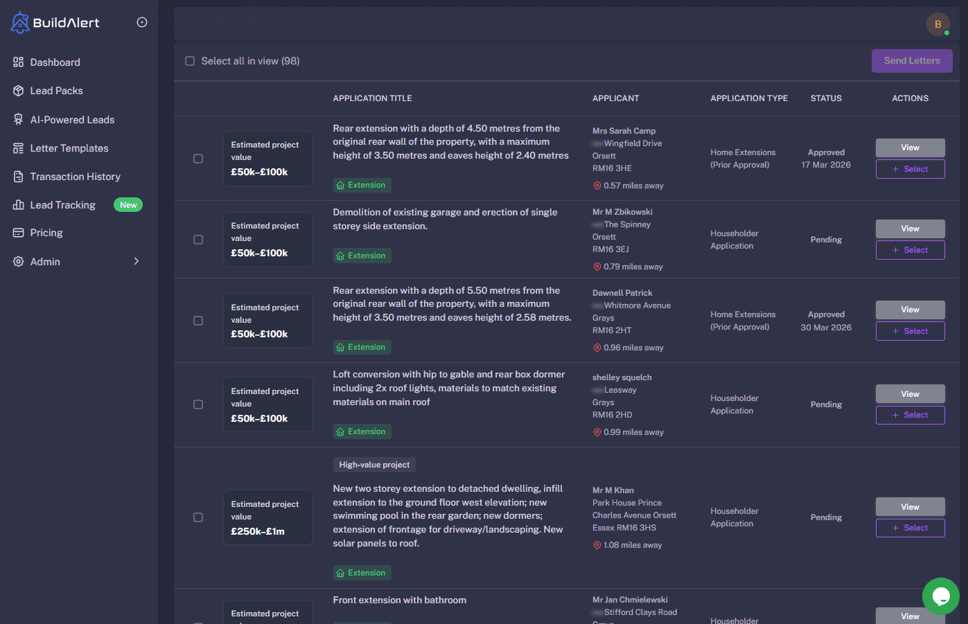 BuildAlert dashboard showing excavation and groundworks planning leads
