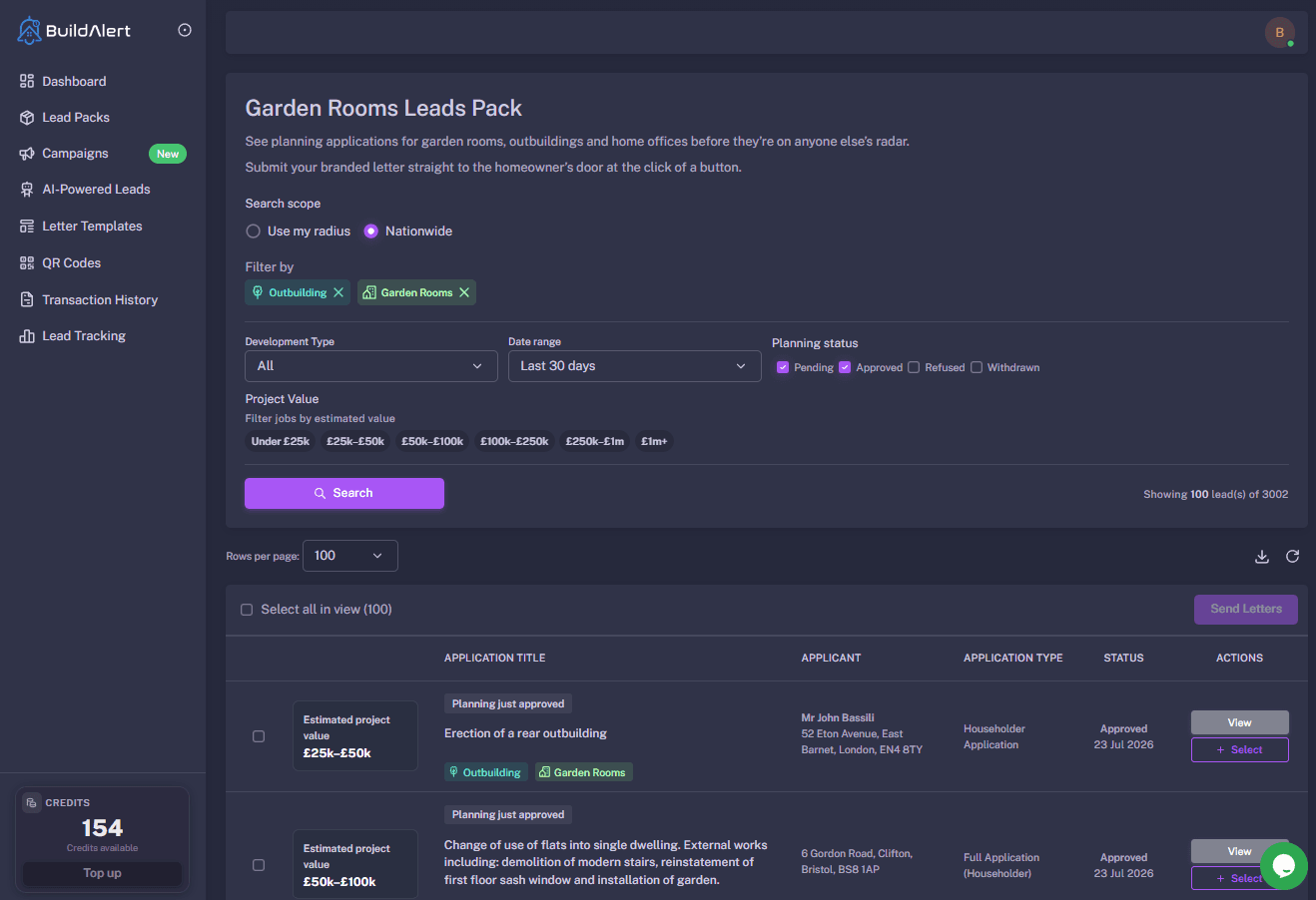 BuildAlert dashboard showing garden room planning applications including garden offices, studios and annexes