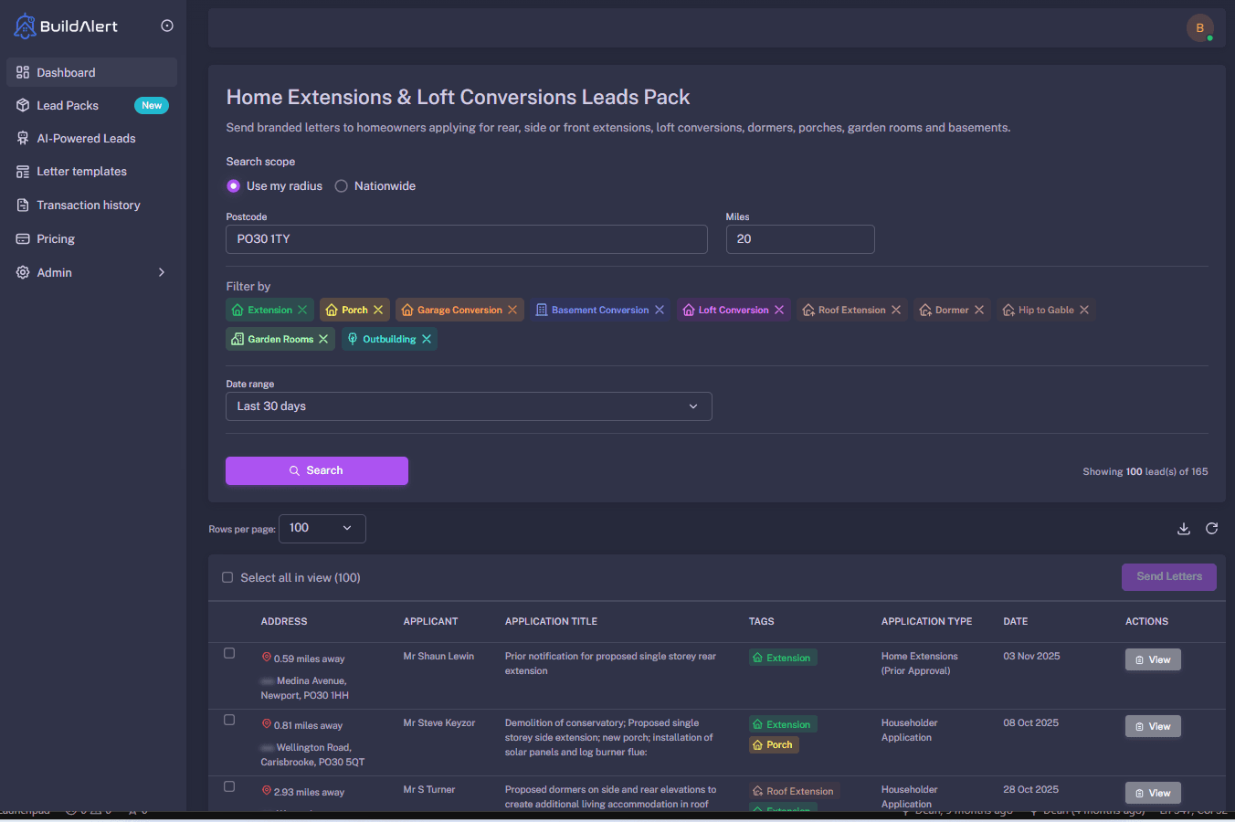 BuildAlert dashboard showing live construction leads across the Isle of Wight including Newport, Ryde, Cowes and Sandown
