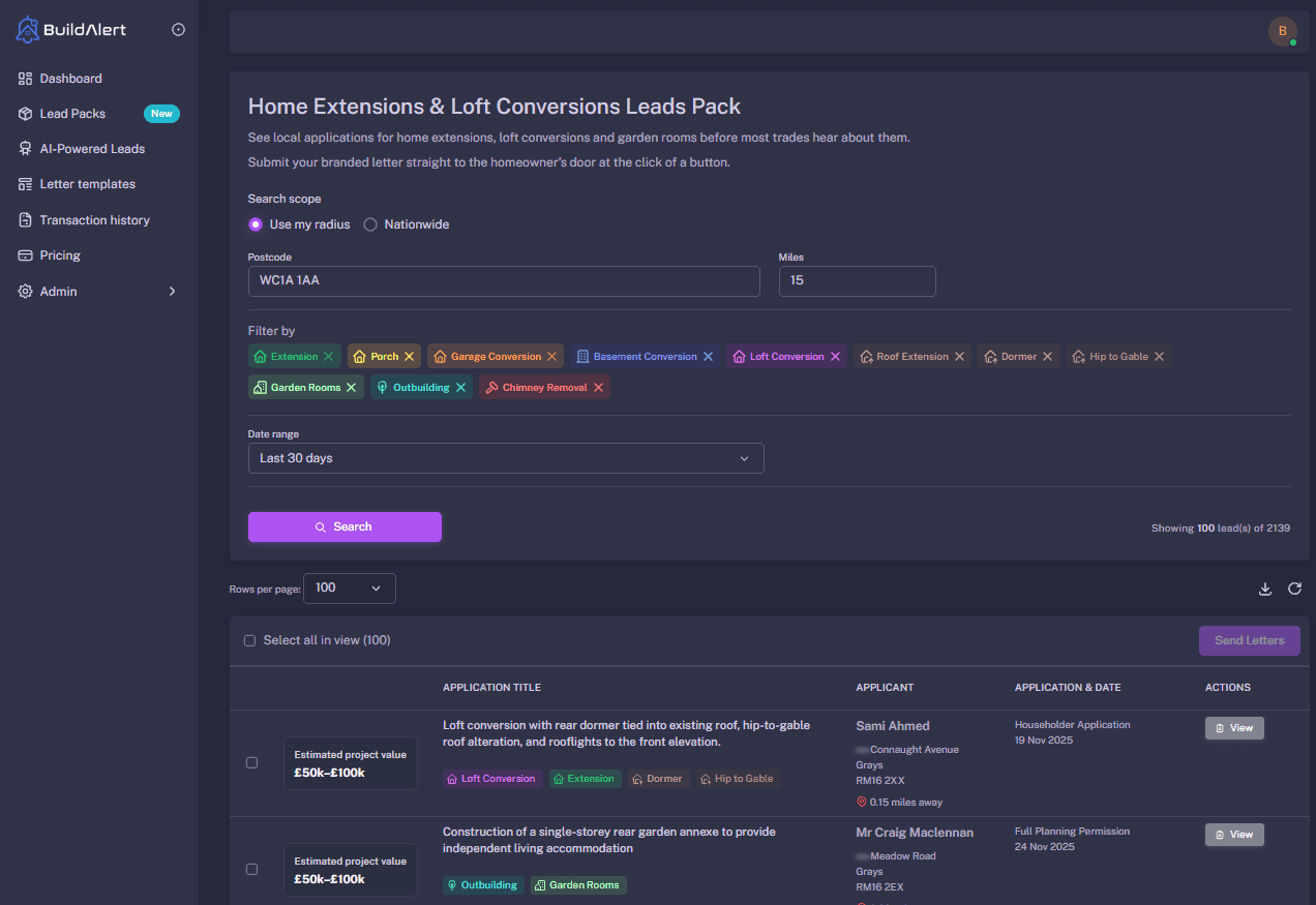 BuildAlert dashboard showing live construction leads in London