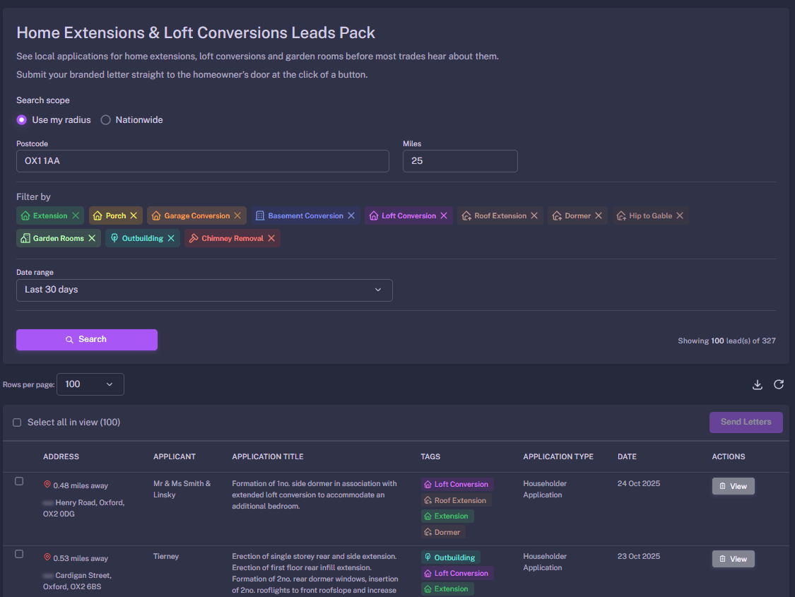BuildAlert dashboard showing construction leads in Oxfordshire including Oxford, Banbury and Bicester