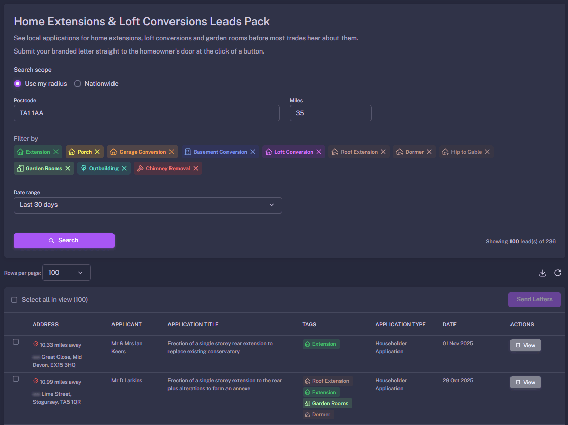 BuildAlert dashboard showing live construction leads in Somerset