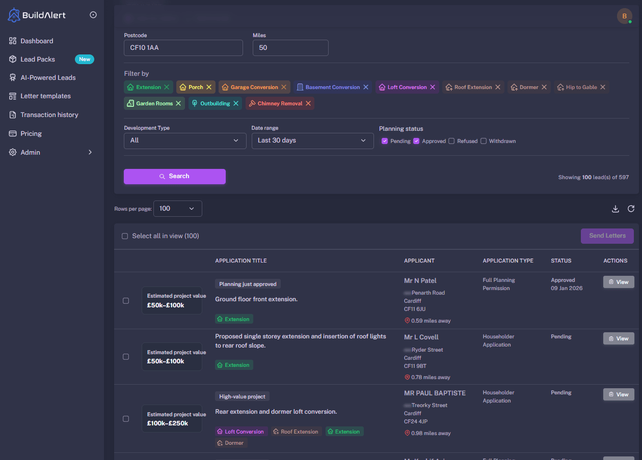 BuildAlert dashboard showing live construction leads across Wales