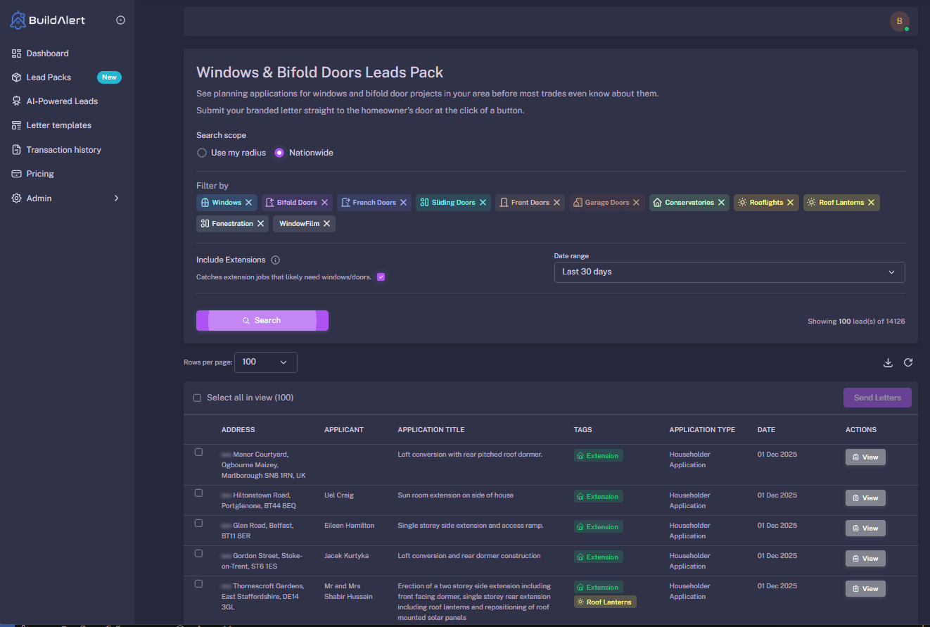BuildAlert dashboard showing planning applications that require new glazing and bifold doors