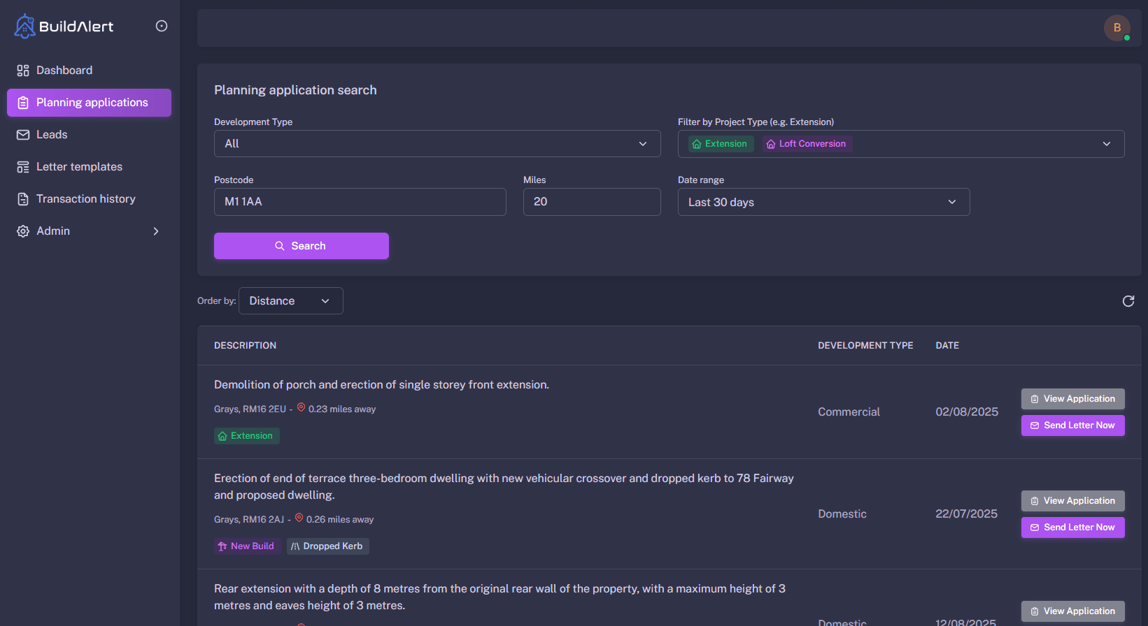 Manchester home extension leads from planning applications - BuildAlert dashboard