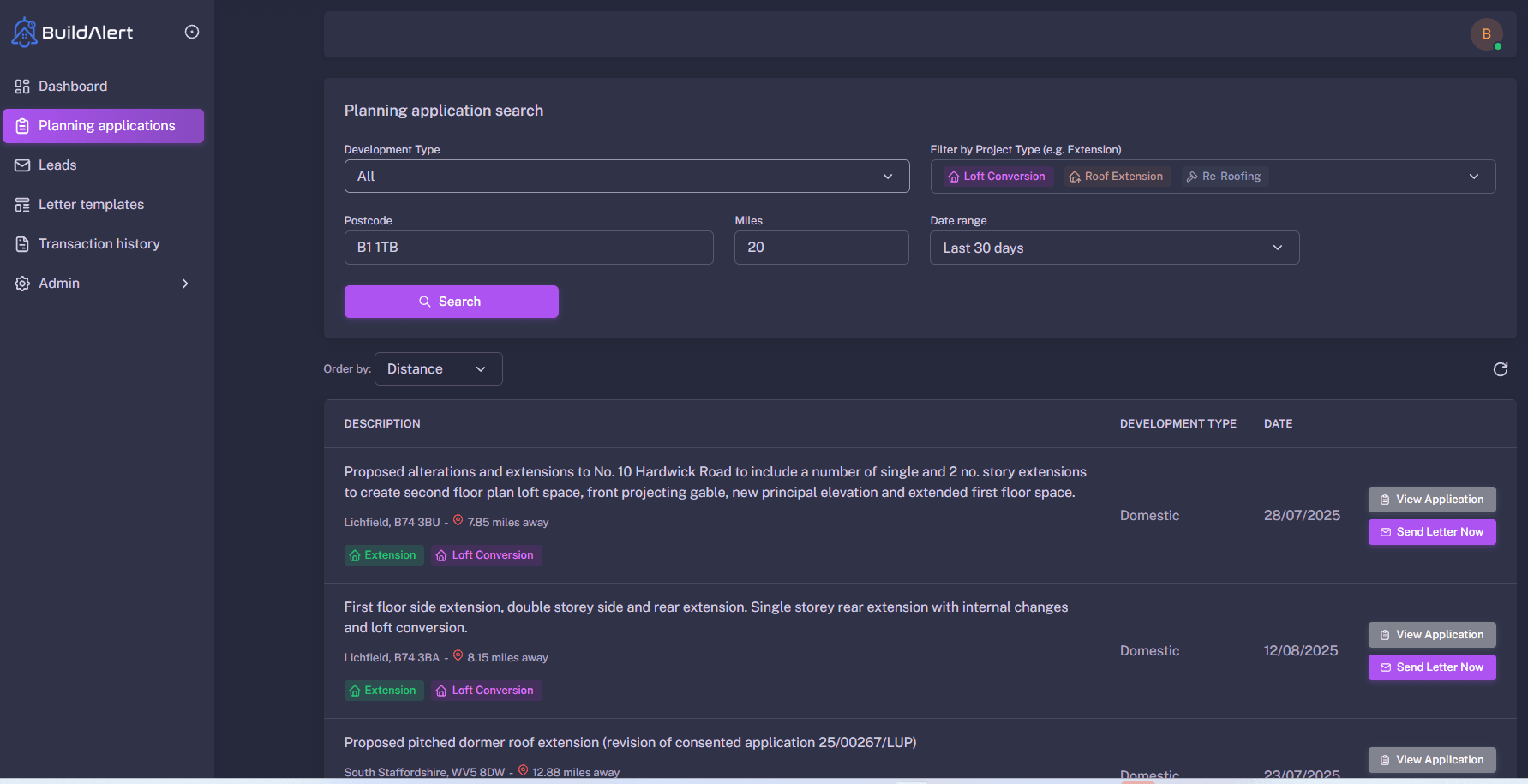 Birmingham roofing leads from planning applications - BuildAlert dashboard for roofers