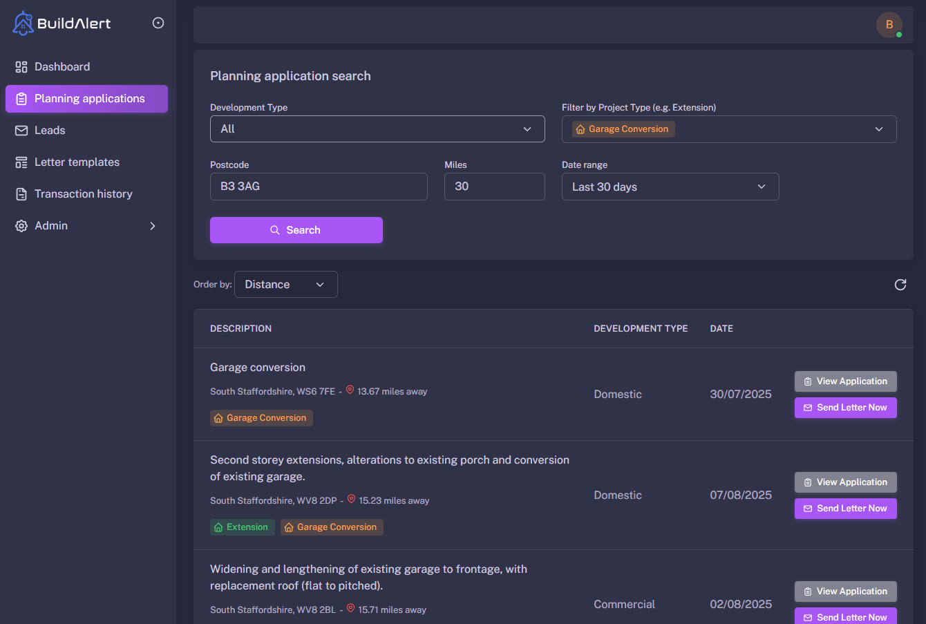 Birmingham garage conversion leads from planning applications - BuildAlert dashboard for builders and tradespeople