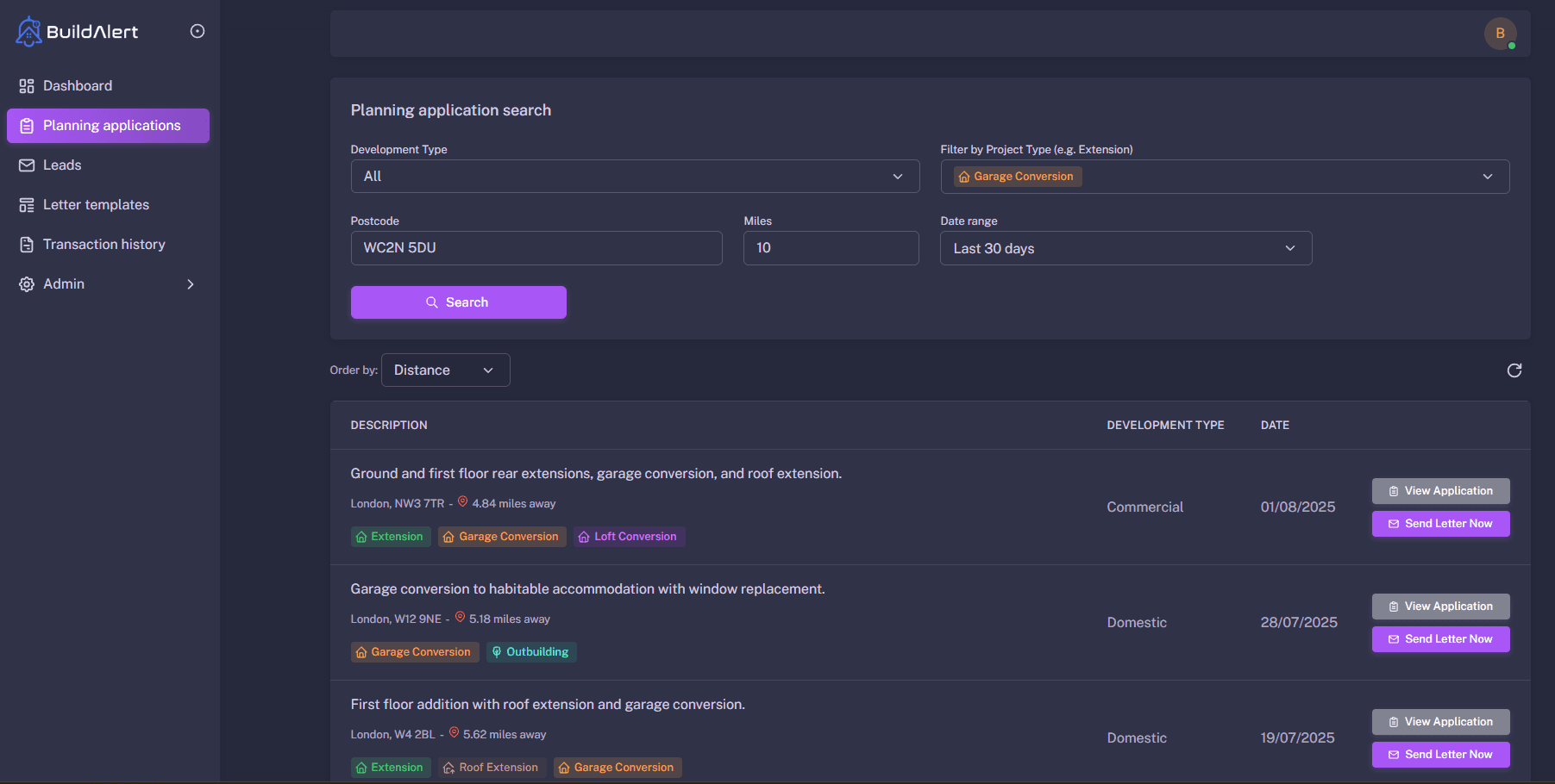 Garage conversion planning applications in London - BuildAlert dashboard