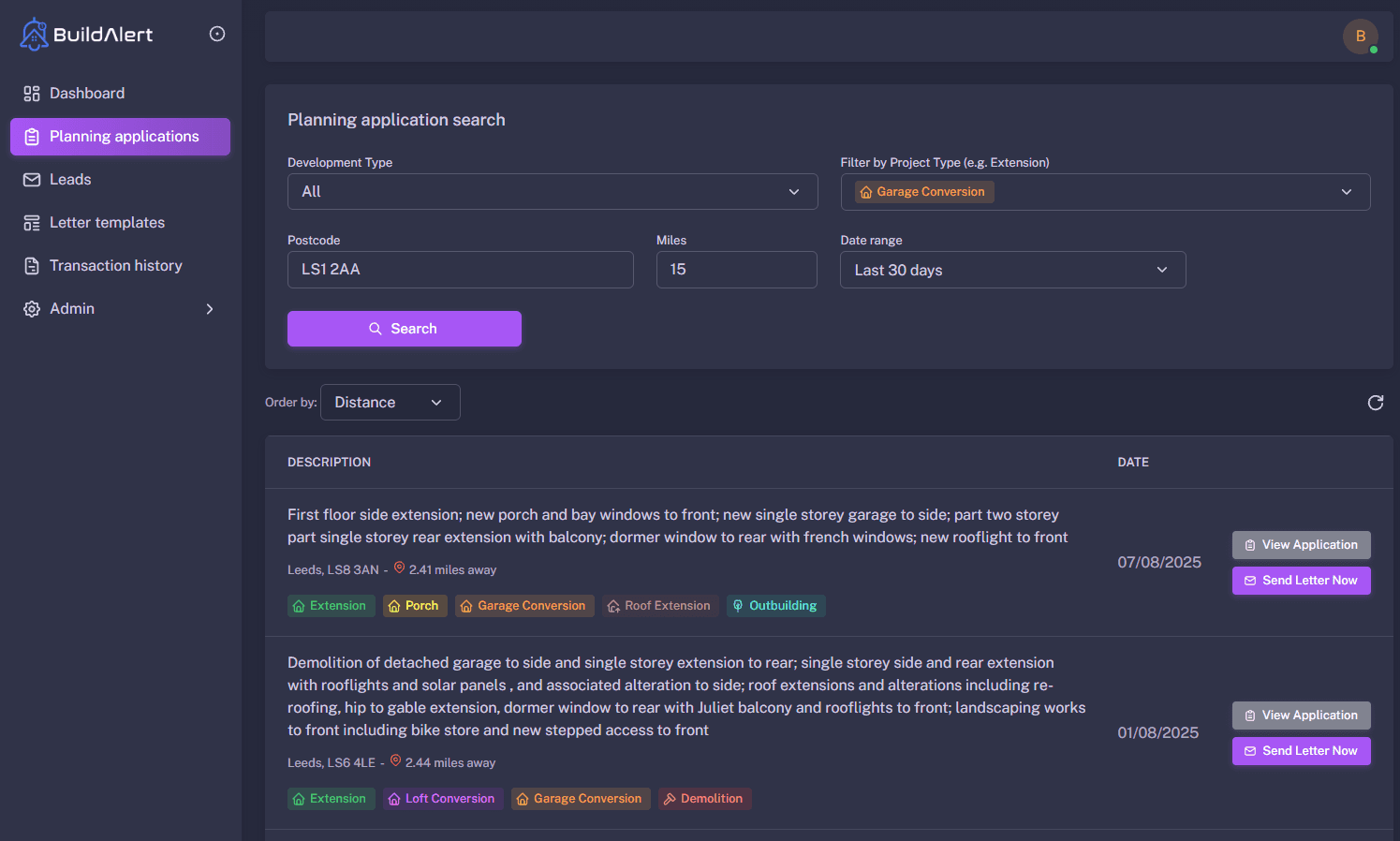 BuildAlert dashboard showing Leeds garage conversion applications