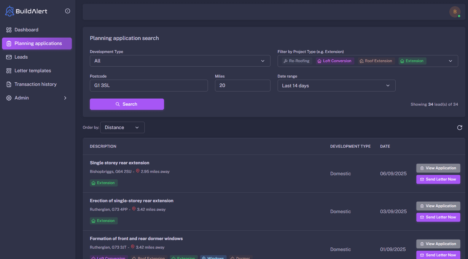 Roofing leads dashboard in Glasgow
