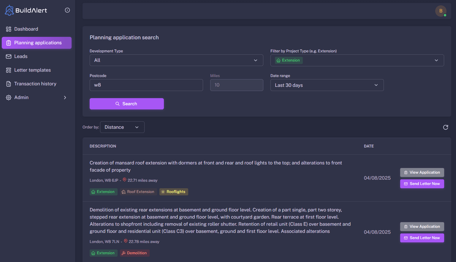 BuildAlert filters showing groundwork opportunities—extensions, new builds, garden rooms and dropped kerbs