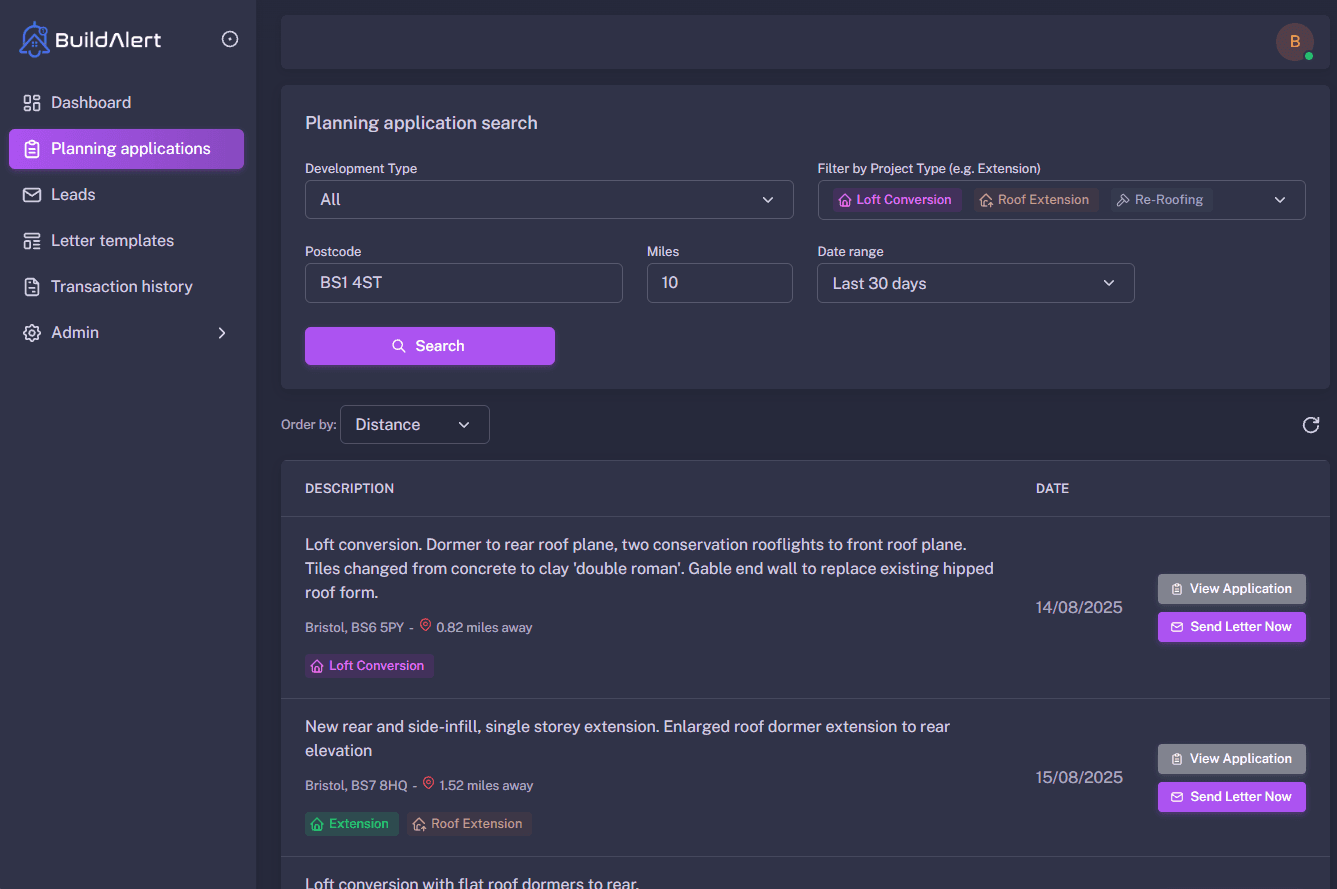BuildAlert dashboard showing Bristol loft tags like dormer, rooflights and hip-to-gable