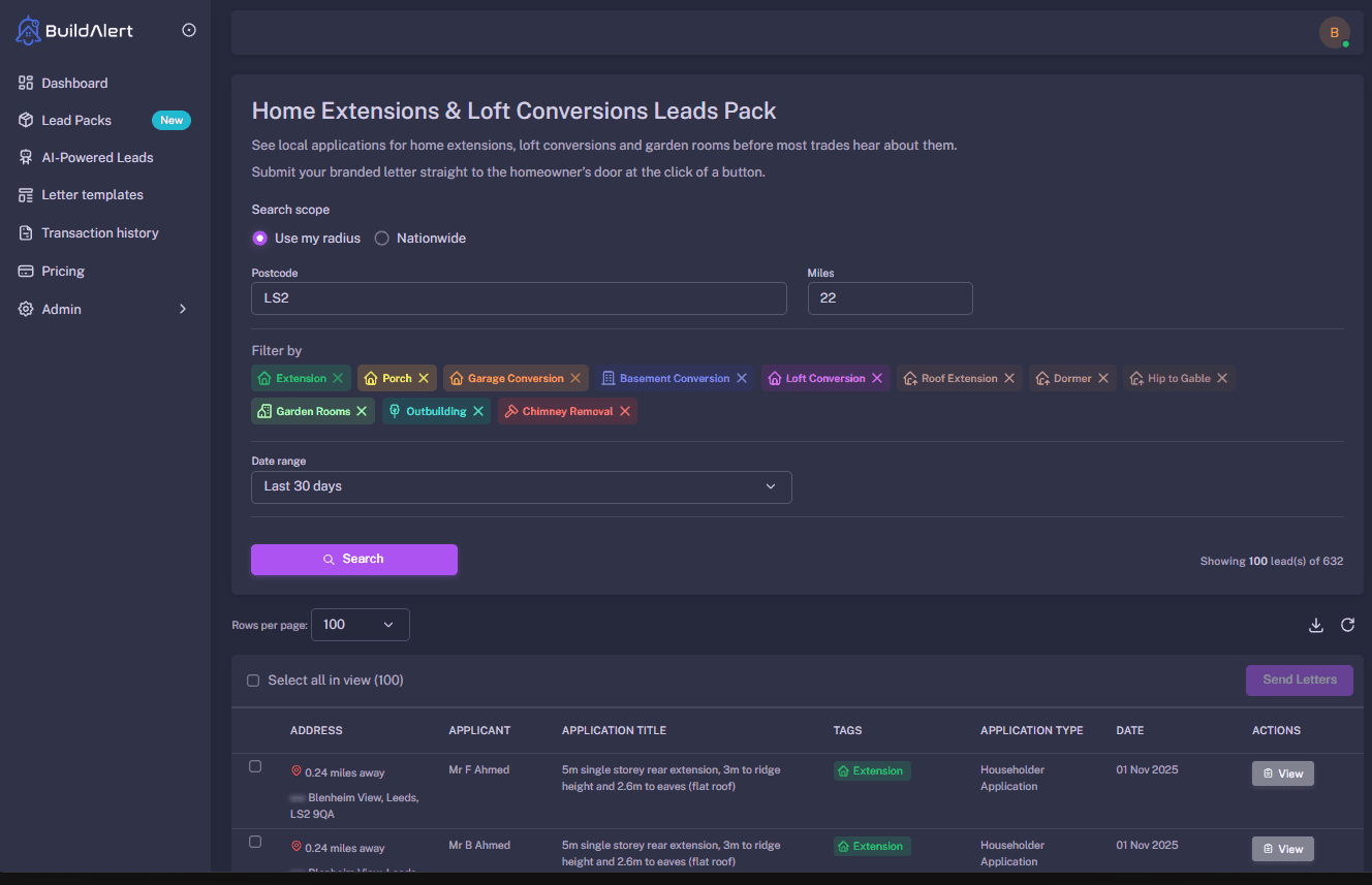 BuildAlert dashboard showing live construction leads in West Yorkshire, including Leeds, Bradford and Huddersfield planning applications