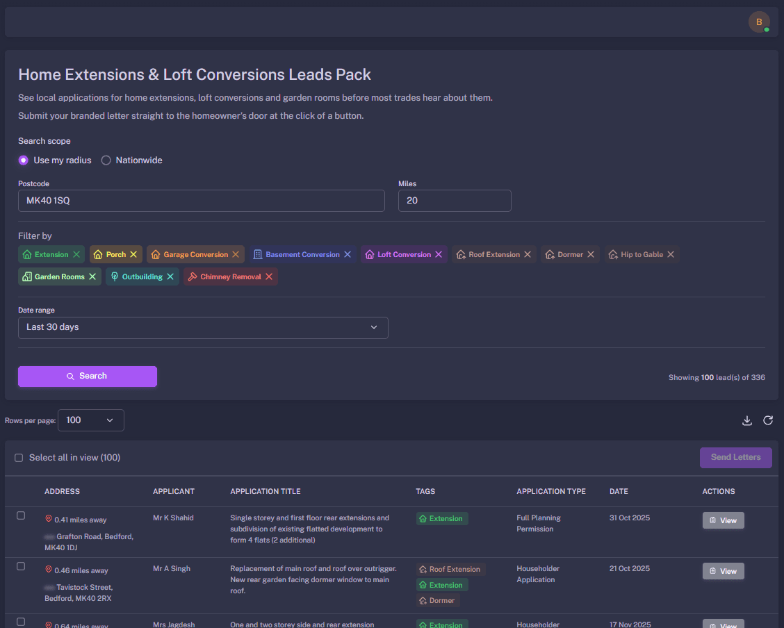 BuildAlert dashboard showing live construction leads in Bedford from Bedford Borough Council planning applications