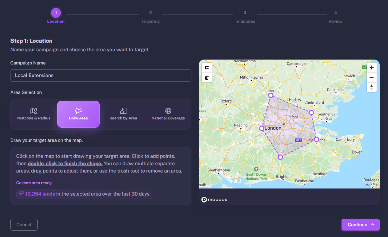 Map showing a custom drawn campaign search area