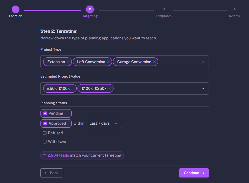 Dashboard showing planning application filters