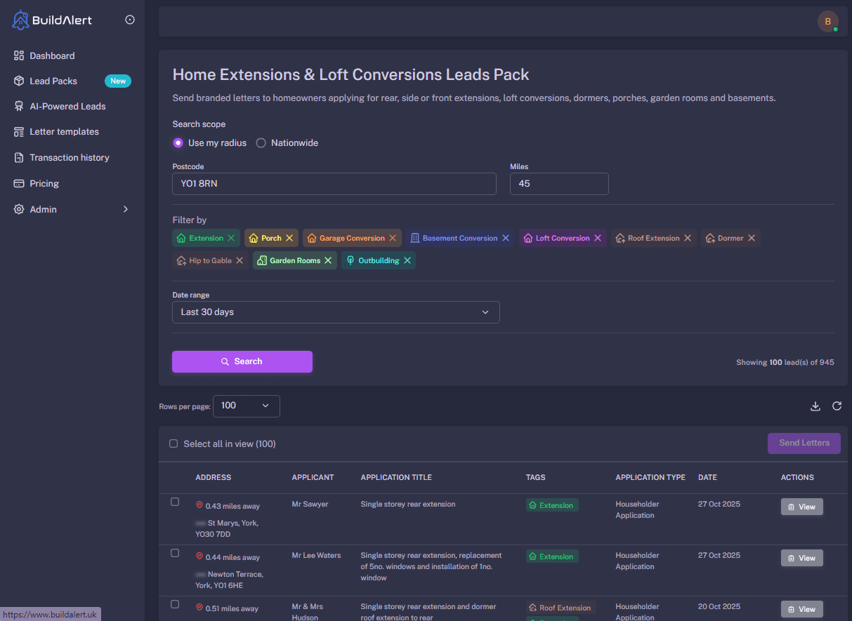 BuildAlert dashboard showing live construction leads in North Yorkshire, including York, Harrogate and Scarborough planning applications