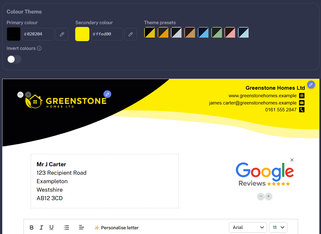 Choosing brand colours and fonts in the BuildAlert letter editor